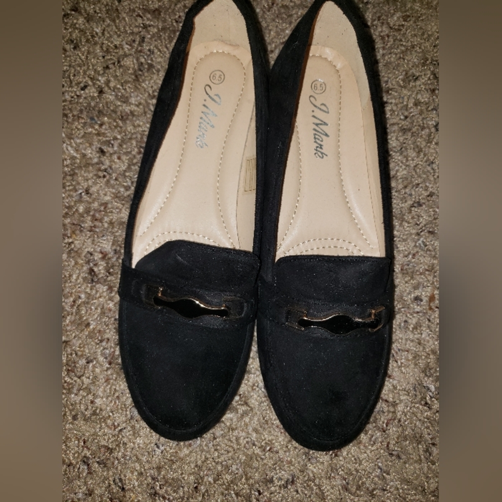 Black Buckle Strap Velvety Flats, 6.5